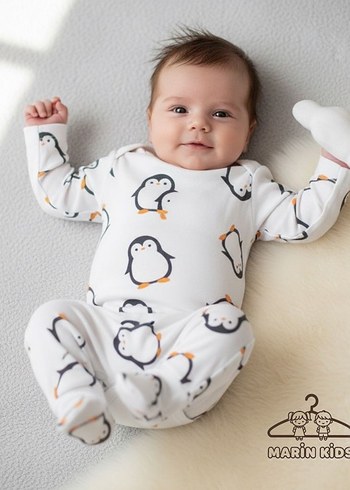 Beyaz Baskılı Uzun Kollu Bebek Tulumu - Görsel 4