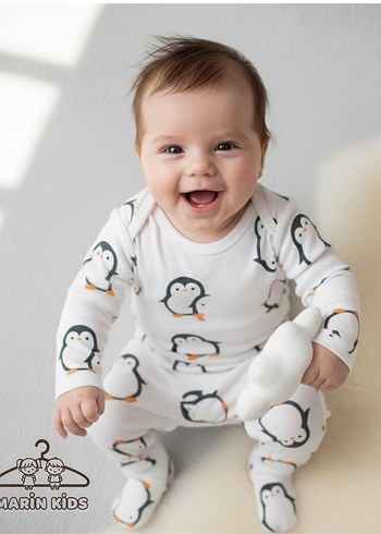 Beyaz Baskılı Uzun Kollu Bebek Tulumu - Görsel 5