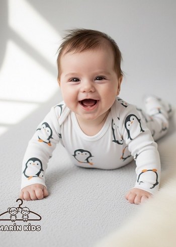 Beyaz Baskılı Uzun Kollu Bebek Tulumu - Görsel 3