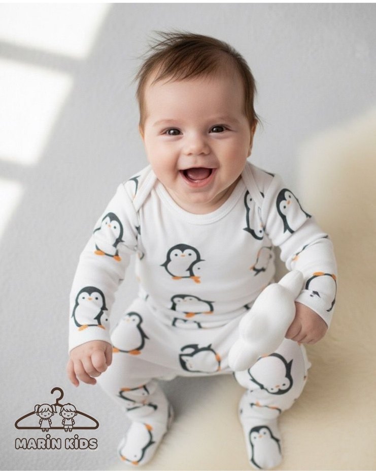 Beyaz Baskılı Uzun Kollu Bebek Tulumu - Görsel 5