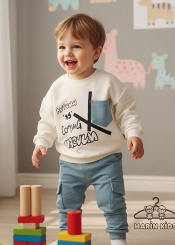 Beyaz Baskılı Pamuklu Erkek Çocuk Eşofman Takımı - Görsel 2