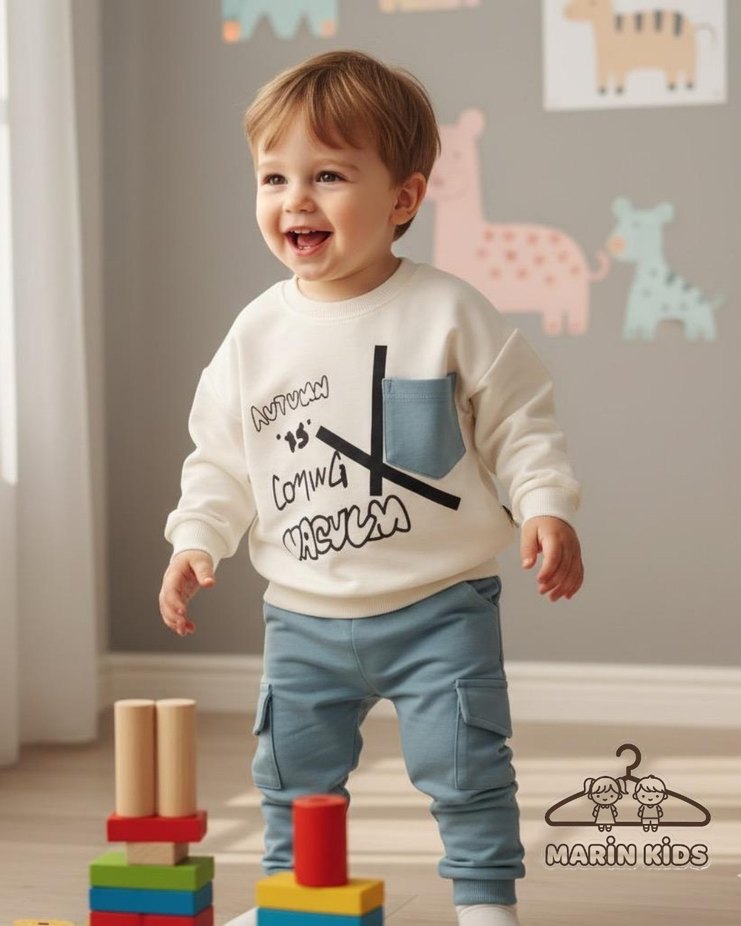 Beyaz Baskılı Pamuklu Erkek Çocuk Eşofman Takımı - Görsel 2