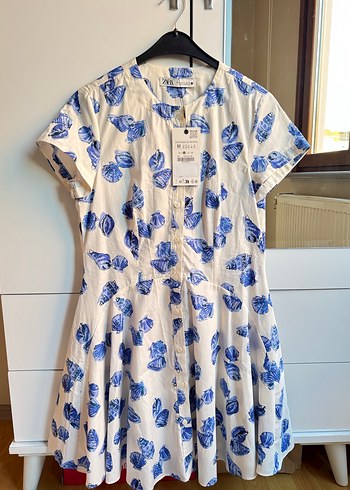 Zara Mavi Desenli Kısa Kollu Midi Elbise - Görsel 3