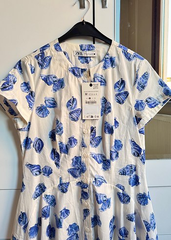 Zara Mavi Desenli Kısa Kollu Midi Elbise - Görsel 4