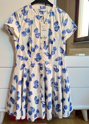 Zara Mavi Desenli Kısa Kollu Midi Elbise - Görsel 5