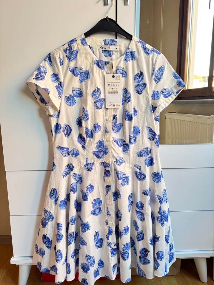 Zara Mavi Desenli Kısa Kollu Midi Elbise - Görsel 3