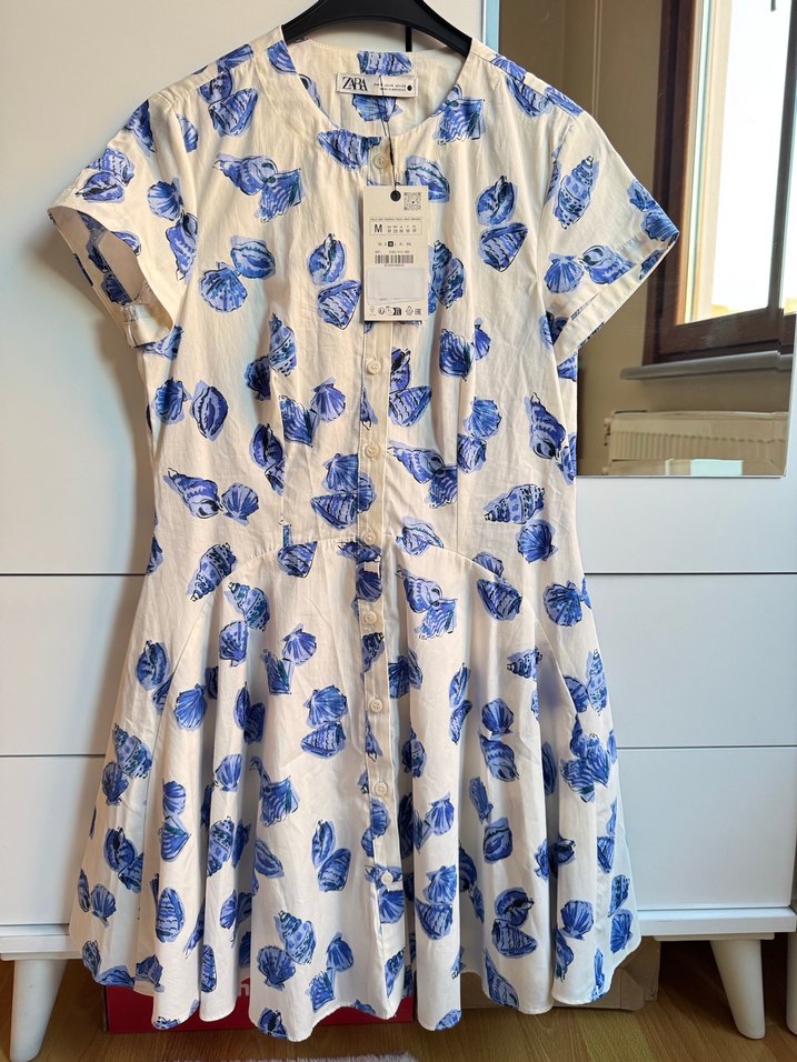 Zara Mavi Desenli Kısa Kollu Midi Elbise - Görsel 5