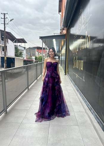 Mor Straplez Uzun Drapeli Bağlama Desenli Abiye - Görsel 5