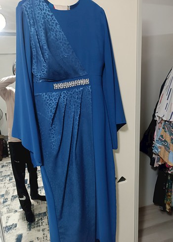 Drapeli Uzun Mavi Abiye Elbise - Görsel 2