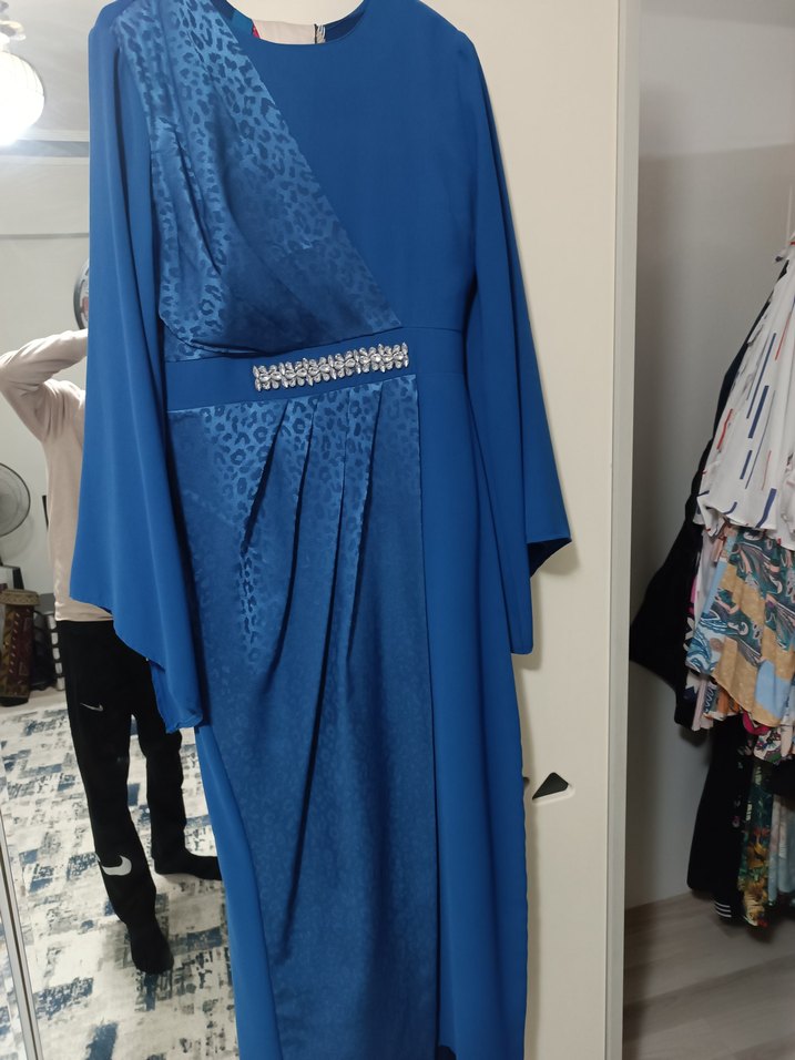 Drapeli Uzun Mavi Abiye Elbise - Görsel 2