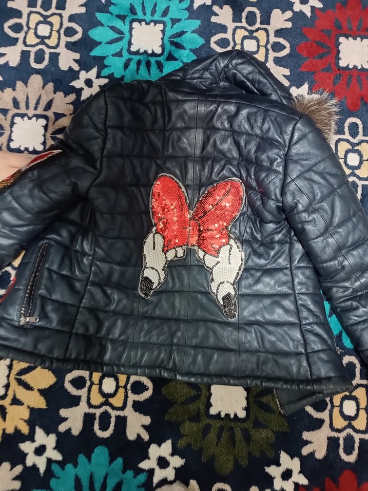 Kürklü Nakışlı Mavi Rock Punk Kız Çocuk Deri Ceket - Görsel 2