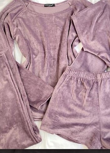 Kadife pijama 3&1 (pantalon, şort, tişört)