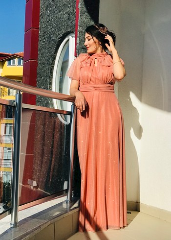 Yavruağzı Bohem Uzun Gece Elbisesi - Görsel 3