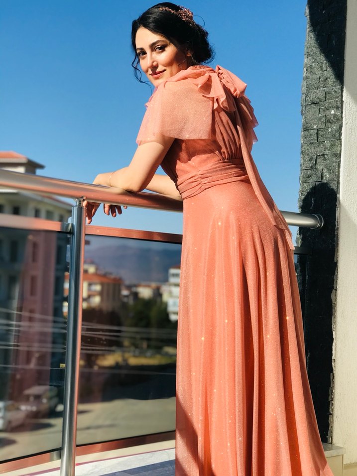 Yavruağzı Bohem Uzun Gece Elbisesi - Görsel 2