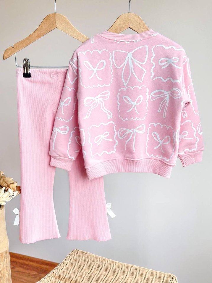 Kız Çocuk Pembe Fiyonk Detaylı Sweatshirt ve Pantolon - Görsel 2