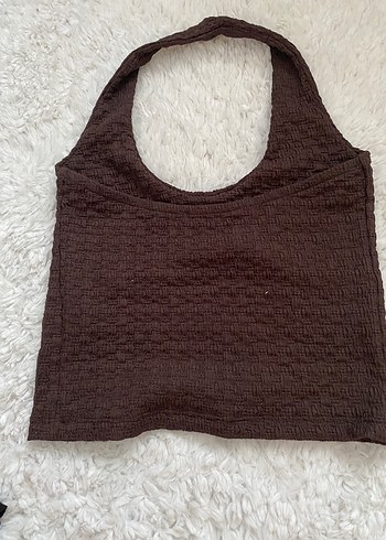 Kahverengi Keten Kadın boyundan askılı crop - Görsel 2