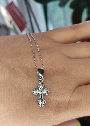 Beden altın Renk Gri Gotik Haç Kolye 925 ayar