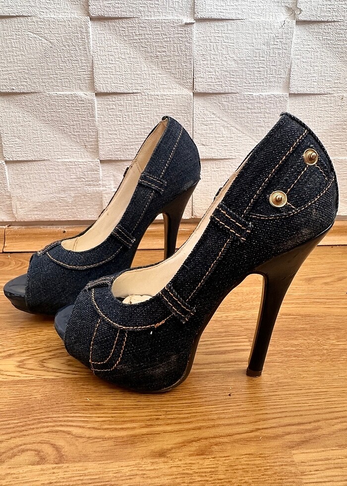 Kot kumaşlı platform topuklu - Görsel 2