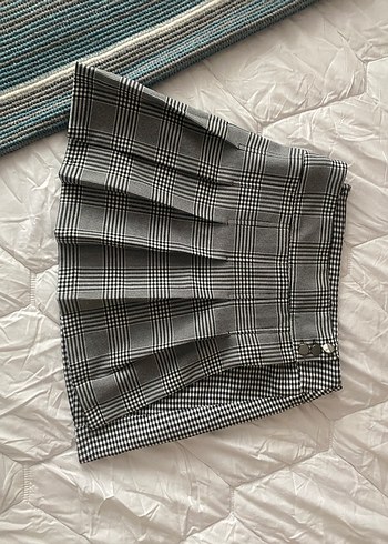 BSL FASHION Gri Siyah Ekose Pileli Mini Etek
