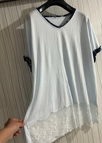 Kısa Kol V Yaka Dantel Detay 3XL Mavi Bluz - Görsel 2