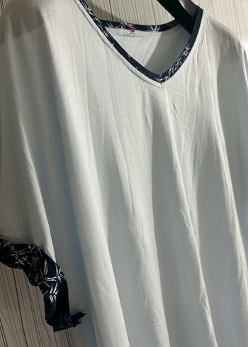 Kısa Kol V Yaka Dantel Detay 3XL Mavi Bluz - Görsel 3