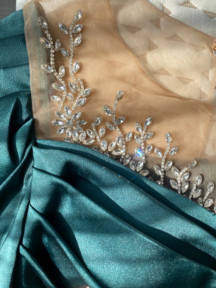 Turkuaz Drapeli İşlemeli Uzun Elbise - Görsel 3