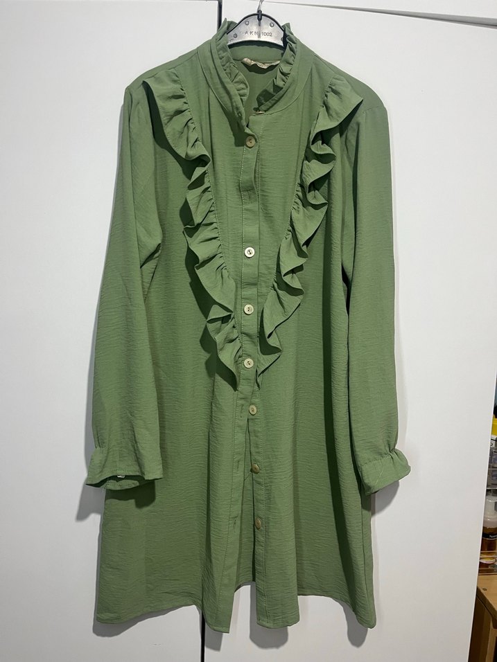 Fırfırlı Yeşil Keten tunik - Görsel 2