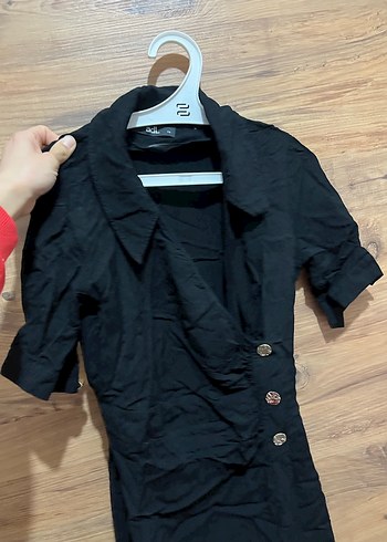 Düğmeli Siyah Keten Uzun Elbise - Görsel 2