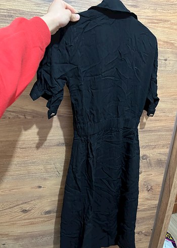 Düğmeli Siyah Keten Uzun Elbise - Görsel 4