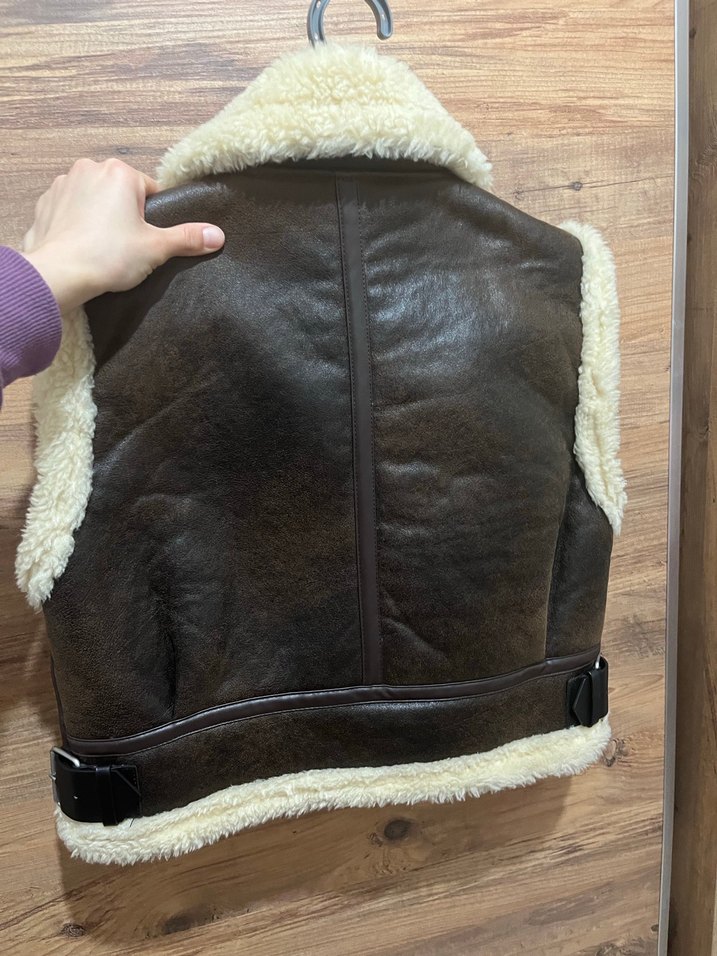 Kürk Detaylı Kahverengi Deri Kadın Yelek - Görsel 2