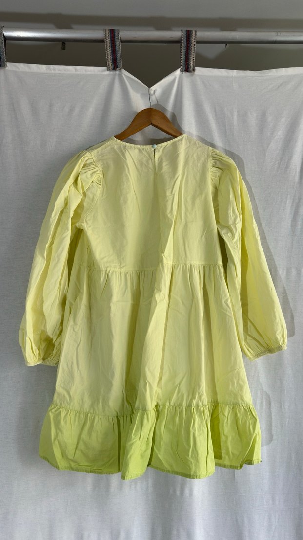 Balon Kollu Sarı-Yeşil Kısa Poplin Elbise - Görsel 2