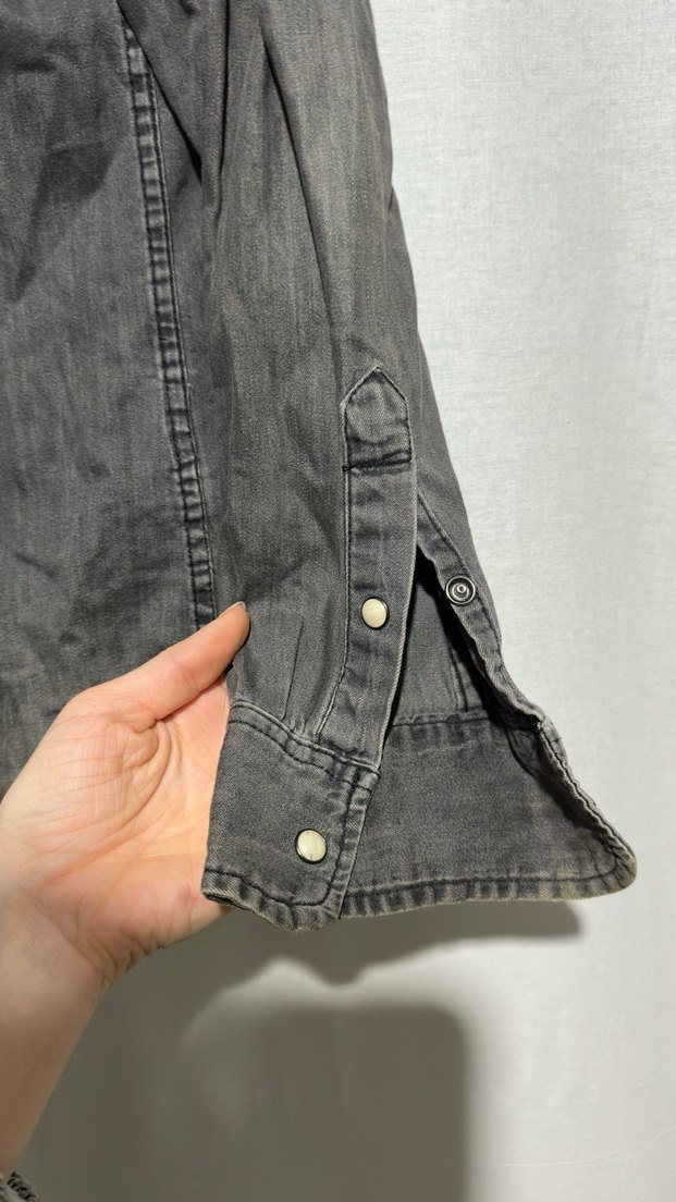 Gri Denim Erkek Gömlek Düğmeli - Görsel 4