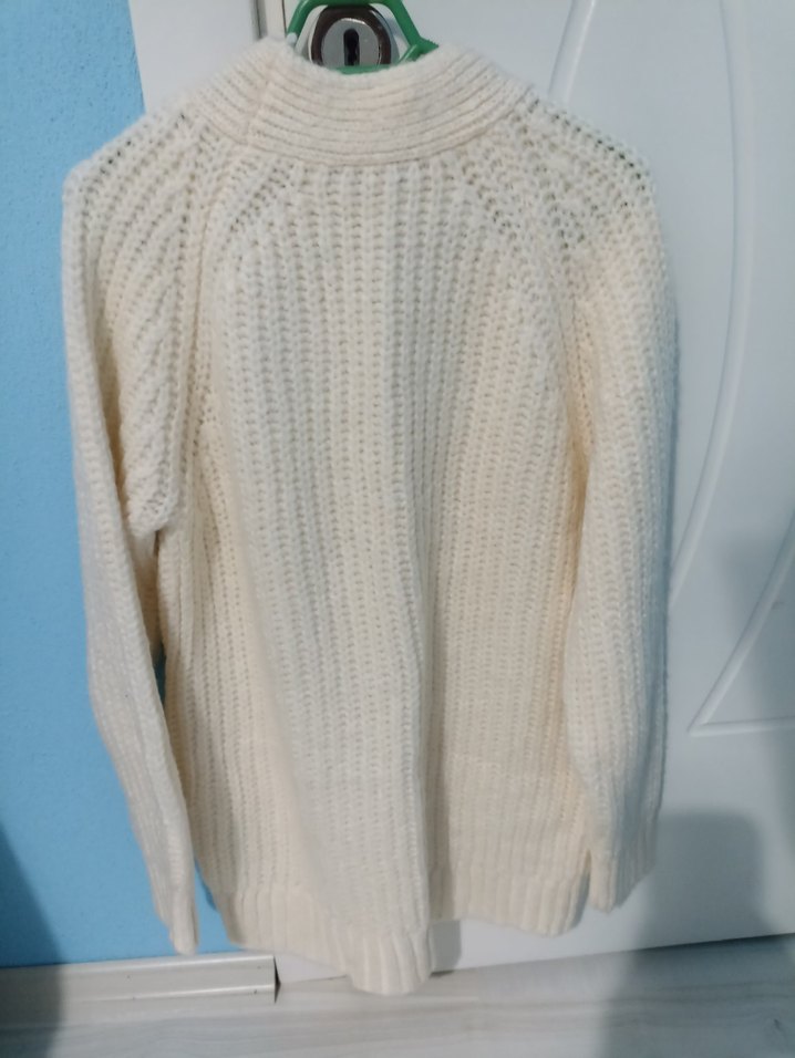 Beyaz Örgü Kadın Hırka, Midi Boy, Rahat Kesim - Görsel 2