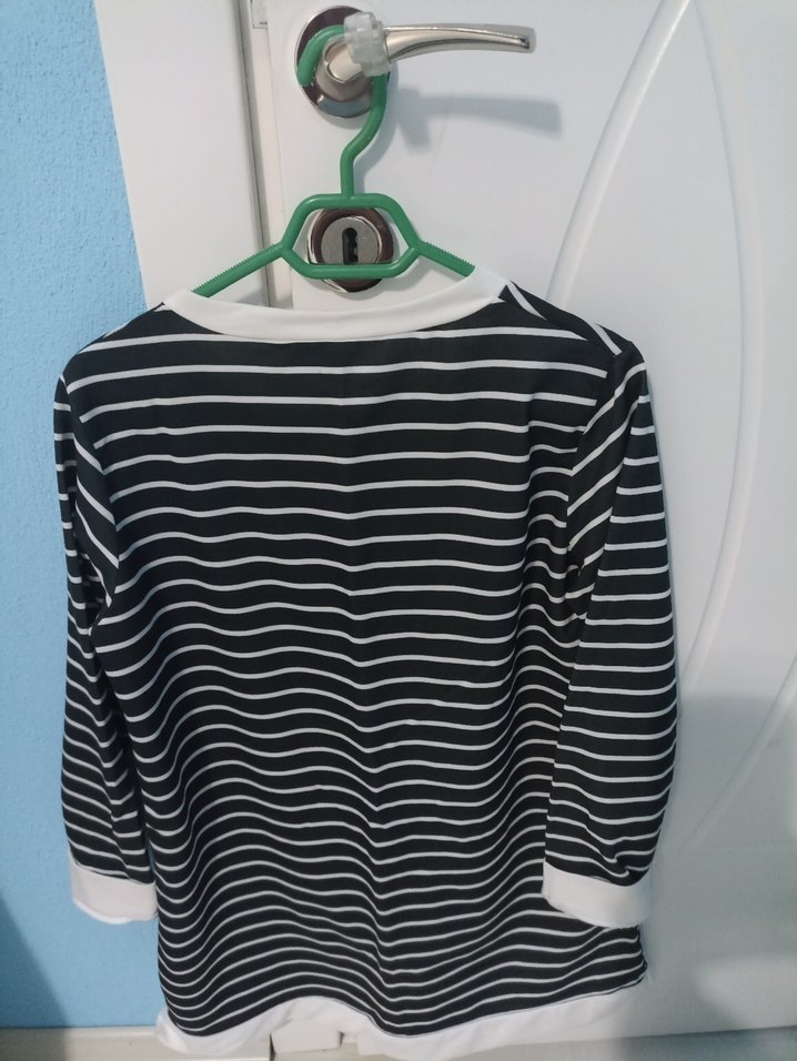 Uzun Kollu, Çizgili, Salaş Kadın Tişört - Görsel 2