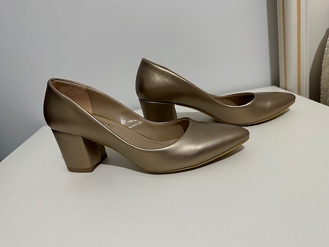 Altın kalın topuklu stiletto - Görsel 5