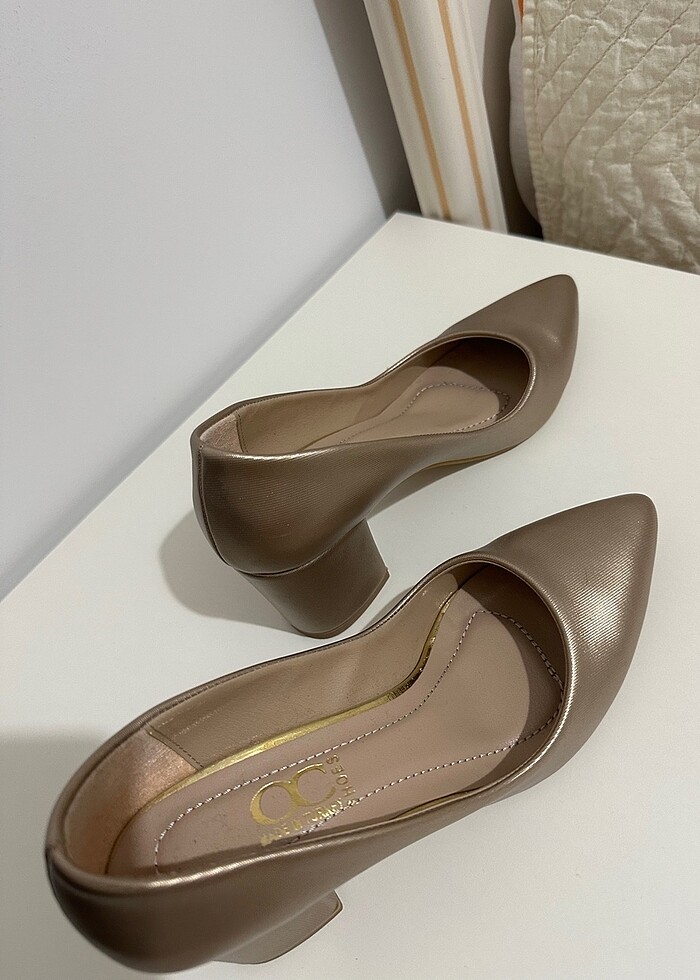 Altın kalın topuklu stiletto - Görsel 3