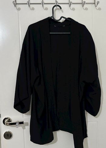 Siyah Midi Uzun Kol Bol Kesim Keten Kimono - Görsel 3