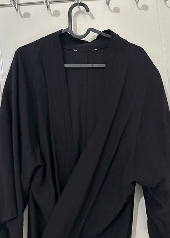 Siyah Midi Uzun Kol Bol Kesim Keten Kimono - Görsel 2