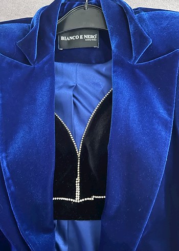 Kadın Mavi Saten Uzun Ceket ve büstiyer - Görsel 3