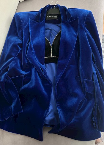 Kadın Mavi Saten Uzun Ceket ve büstiyer - Görsel 2