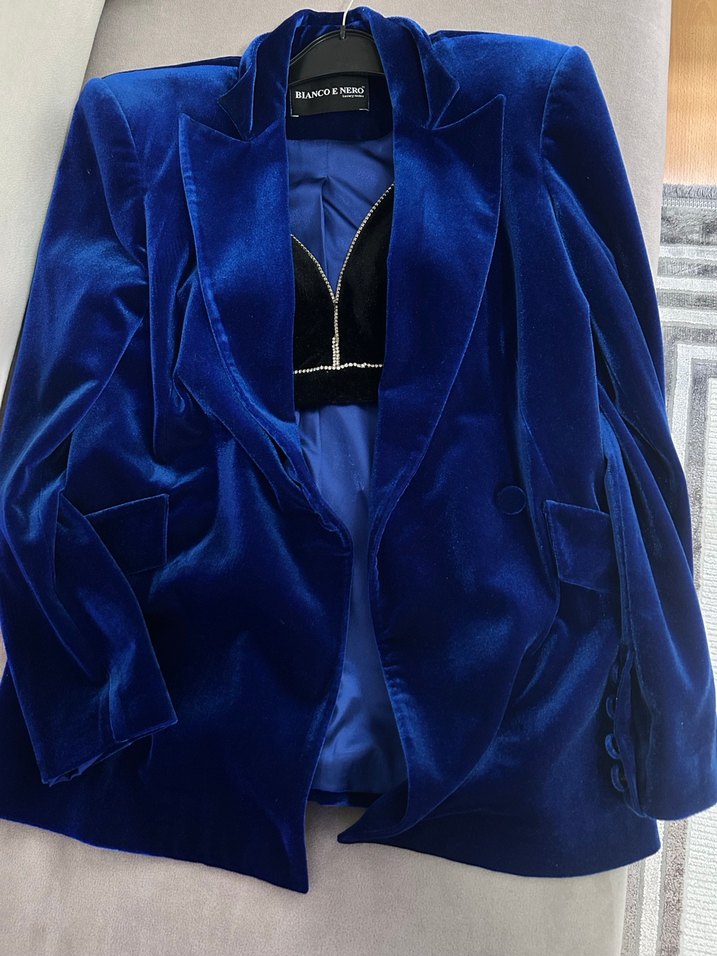 Kadın Mavi Saten Uzun Ceket ve büstiyer - Görsel 4