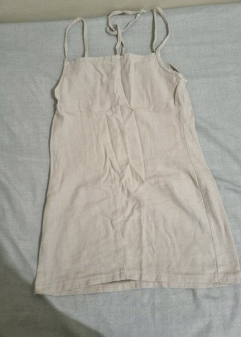 Bej Keten Mini Elbise - Görsel 3