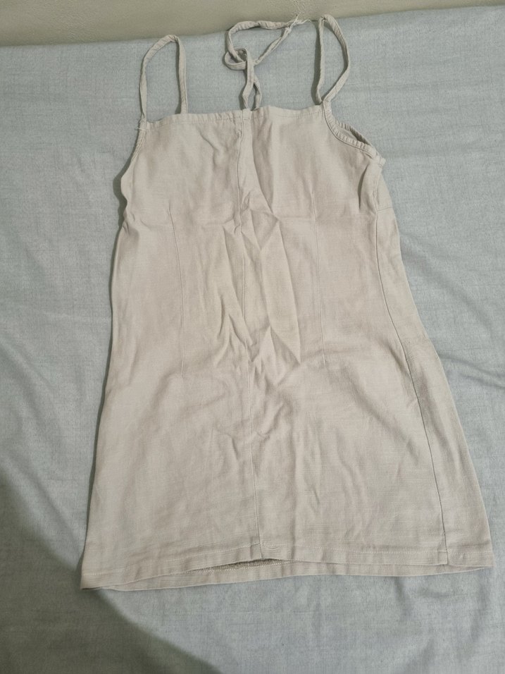 Bej Keten Mini Elbise - Görsel 3