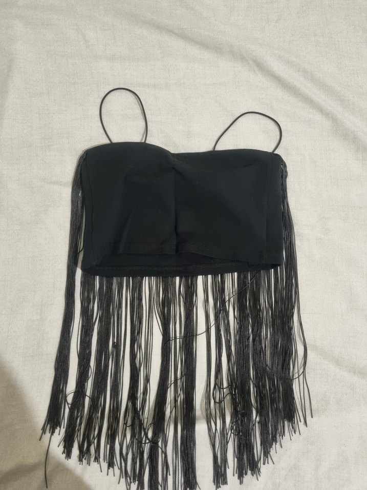 Püsküllü Siyah Mini Askılı Bluz - Görsel 2