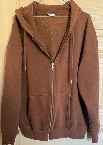 Kahverengi Kapüşonlu Fermuarlı Sweatshirt