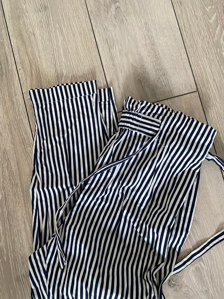 Zara Kadın Lacivert Çizgili Pilili Midi Pantolon - Görsel 2