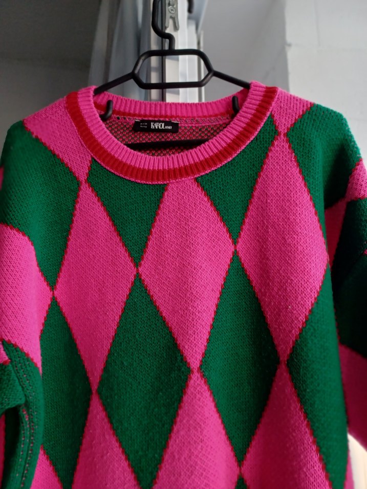 Pembe-Yeşil Desenli Örgü Kadın Kazak - Görsel 2