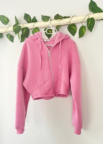 Pembe Kapüşonlu Fermuarlı Kadın Sweatshirt