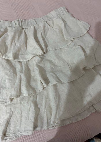 Bej Keten Volanlı Mini Etek - Görsel 3