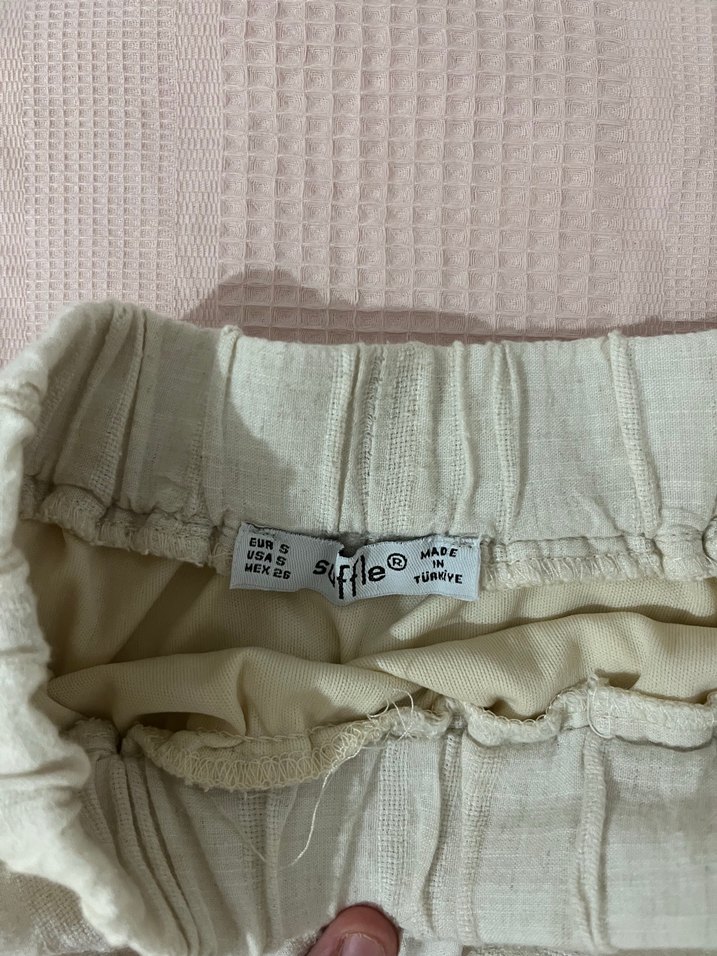 Bej Keten Volanlı Mini Etek - Görsel 4